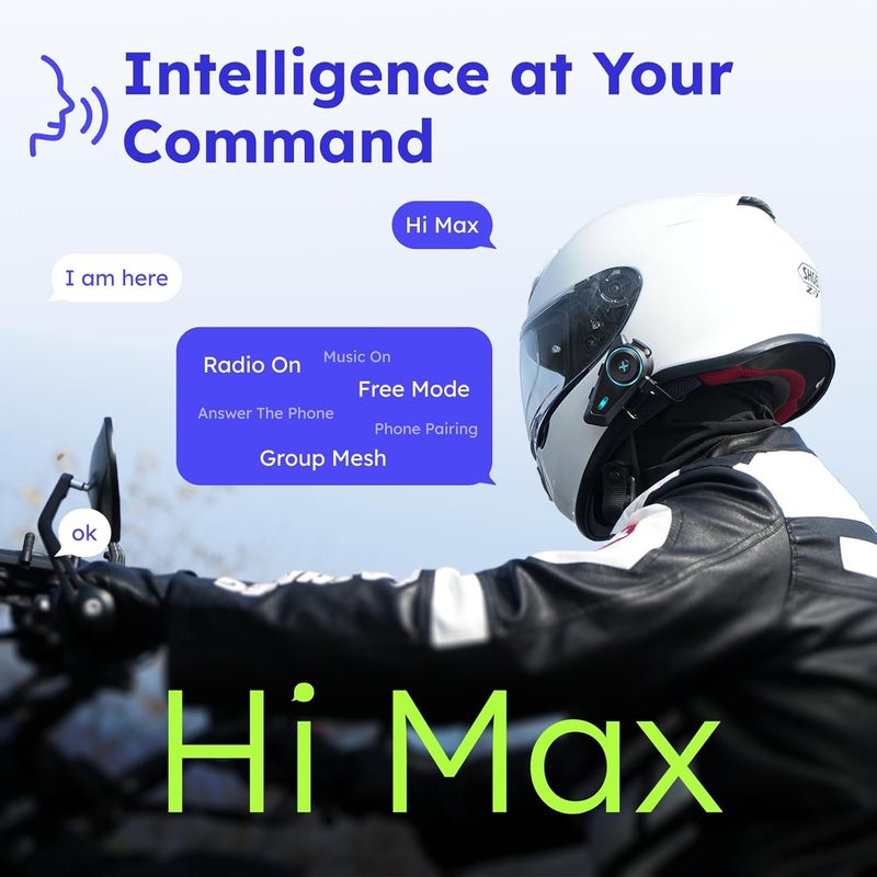 MAXRUNON D10 Motorcycle Bluetooth Headset, 4-Rider Intercom, Helmet Communication System, V5.4, ENC Noise Cancelling, AI Voice Control, Audio Multitasking, FM Radio, IPX7, Fits Snowmobile/Ski, 2 Pack - Image 3